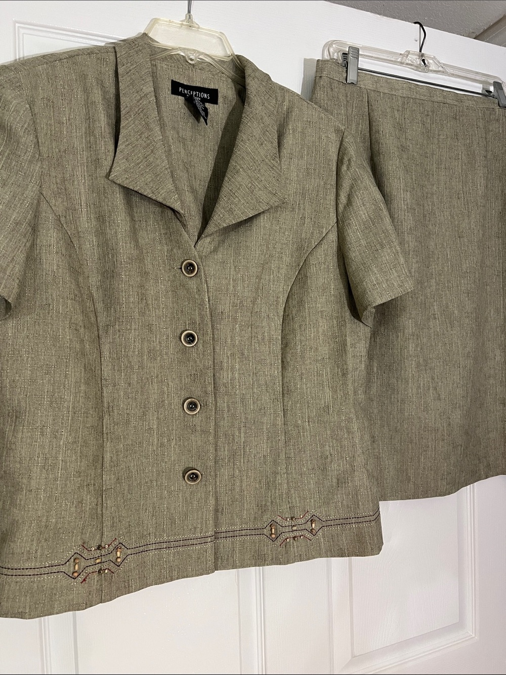 Perceptions Olive Green Linen-Blend Two-Piece Skirt Suit